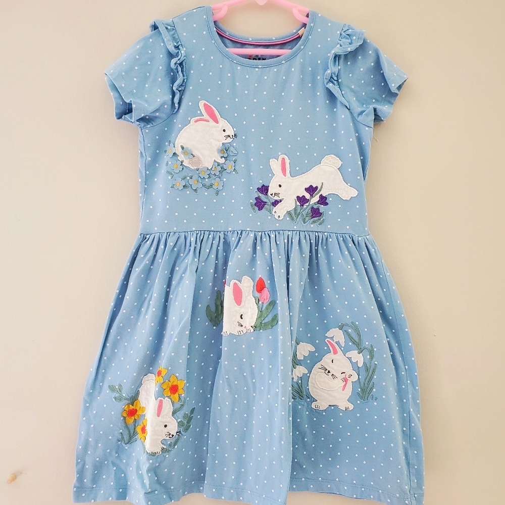 Mini Boden Light Blue Polka Dot Bunny Appliqué Dress